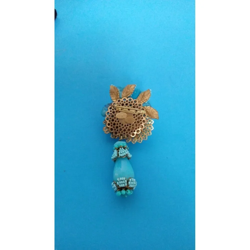 Vintage Turquoise Brooch‎ Beaded Floral Dangle Pin Statement Jewelry
